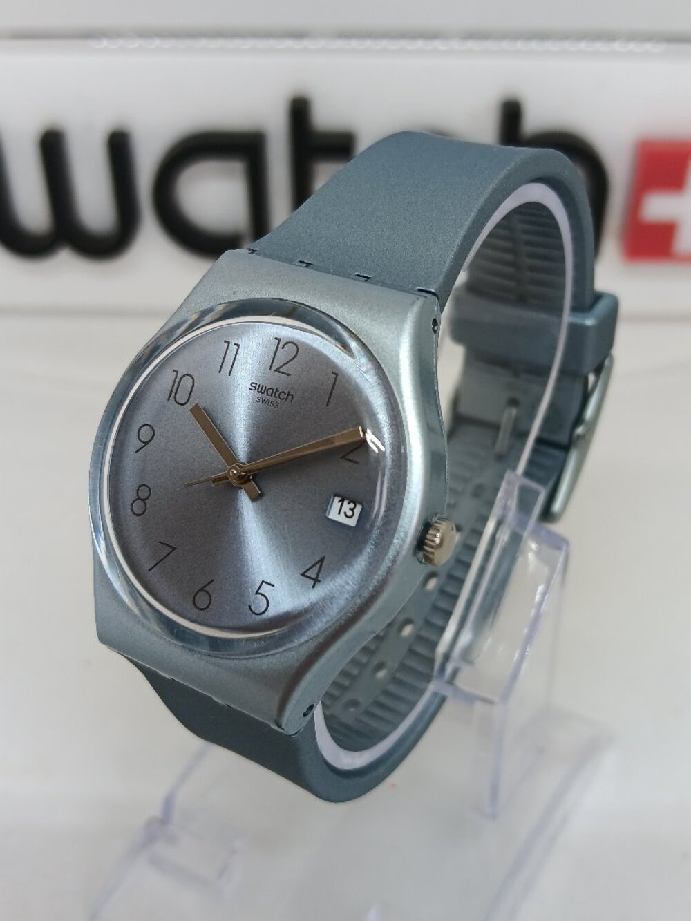 Swatch GL401 "Azulbaya" Unisex 34mm Silver Blue Swiss Quartz Watch NEW BATT